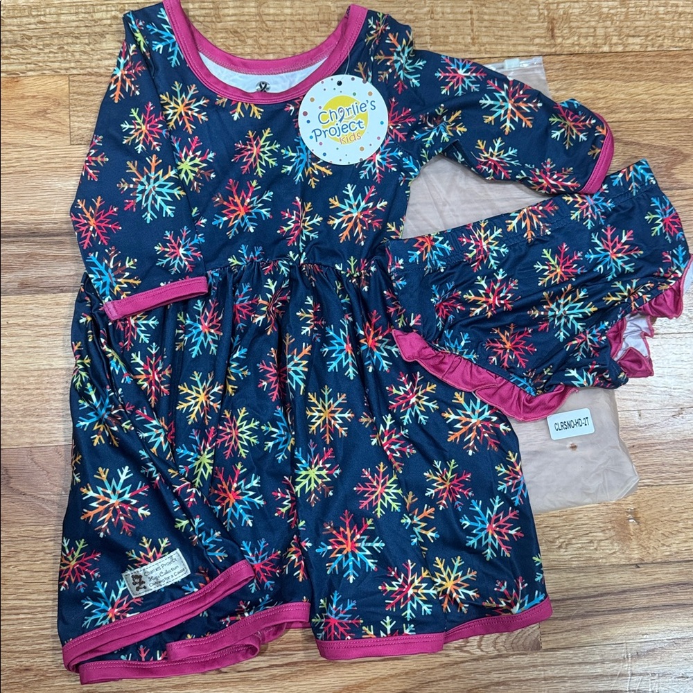 Colorful Snowflake Dress with Matching Diaper Cover; Navy/Multi; NWT